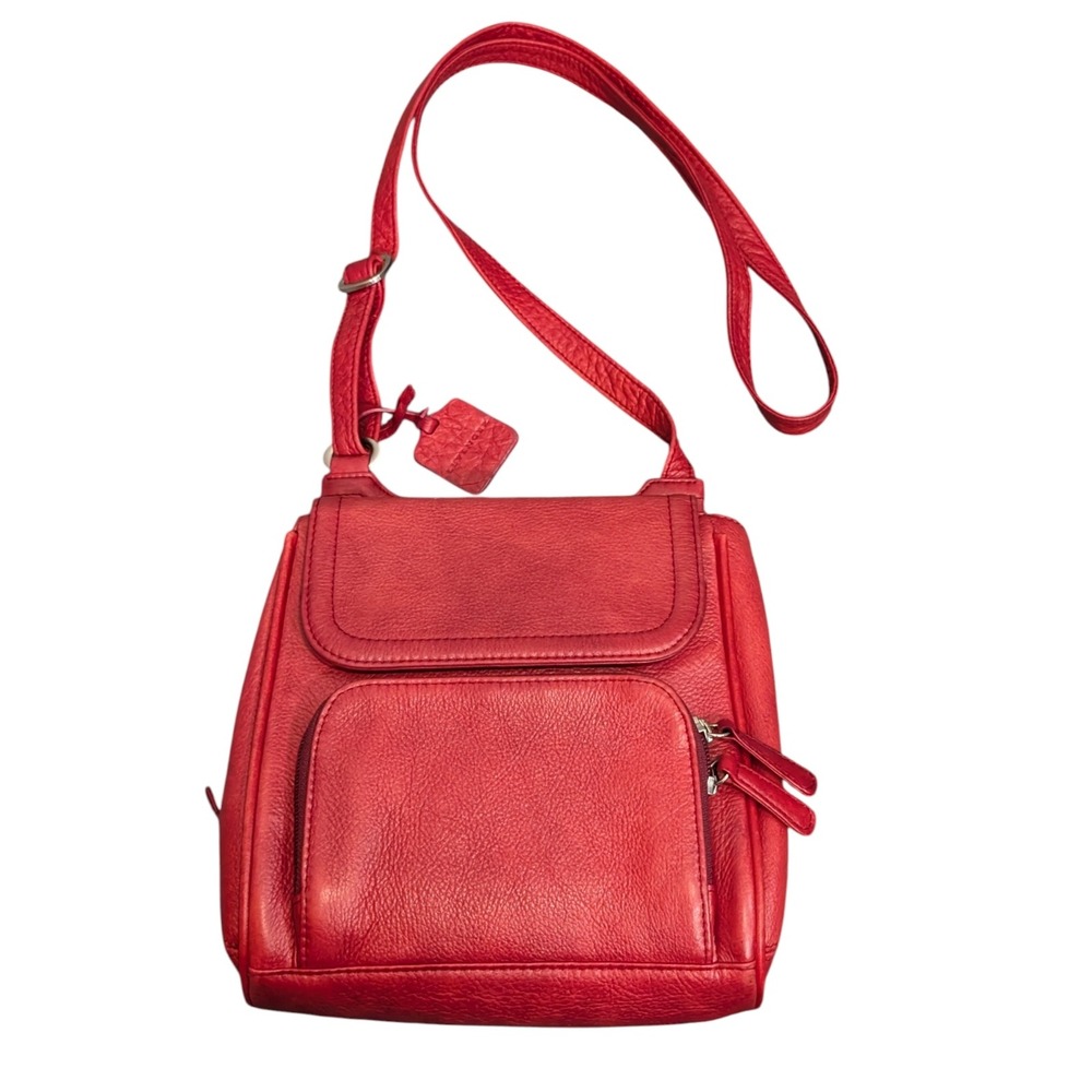 Levenger Red Pebbled Leather Crossbody Bag Organizer Purse With Adjustable Strap
